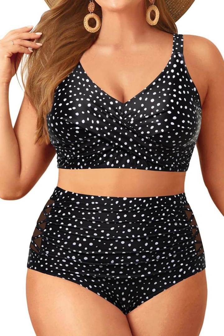 Plus Size Two Piece Swimsuit - High Waisted Bikini Set Tummy Control Bathing Suits for Women (Black and White Dot, 20 Plus)