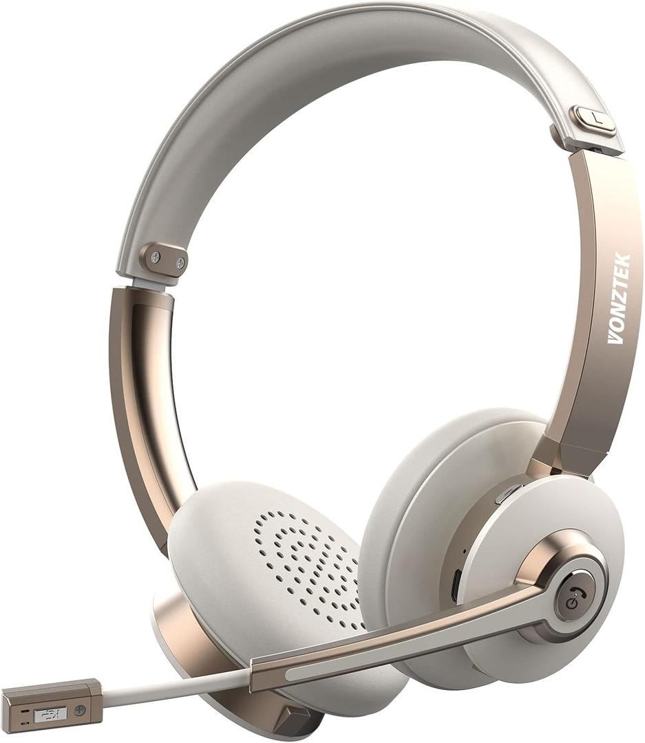 Bluetooth Headset with Microphone, Wireless Headphones with Noise Cancelling Mic, 26hrs Talktime, On Ear Headphones with Mic Mute for Mac/Laptop/Zoom/Teams/Call Center/Office/Home Gold