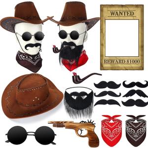 20 Pcs Halloween Western Photo Booth Props Kit Wanted Poster West Cowboy Party Decoration Western Wanted Theme Photo Booth Frame Cowboy Scarf Beard Glasses Hat Set for Halloween West Rustic Party