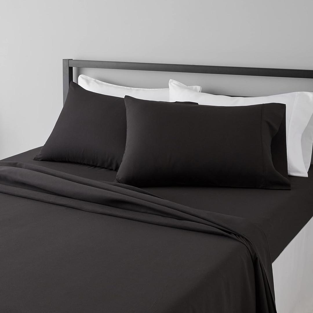 Amazon Basics Lightweight Super Soft, Breathable, Wrinkle Resistant, Machine Washable Microfiber 4 Piece Bed Sheet Set with 14-Inch Deep Pockets, King, Black, Solid
