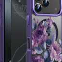 FUNMIKO for iPhone 17 Pro Max Case with Privacy Screen Protector, Wireless Charging Compatible, Shockproof Translucent Matte Cover - Cute Floral Design Phone Case for Women Girls - Purple Blossoms