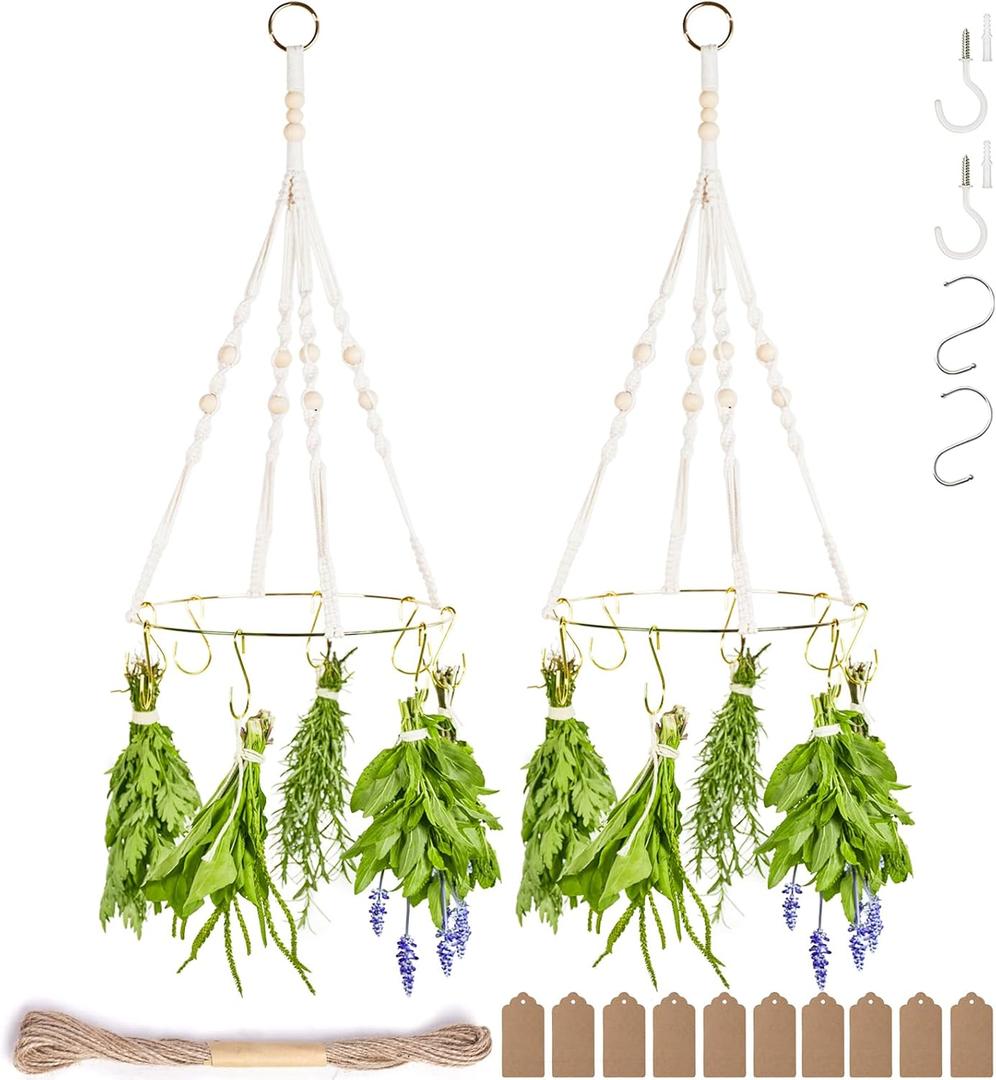 2pack Herb Drying Rack With Golden Herb Dryer Hooks, Hanging Rack With Wooden Balls, Golden Color