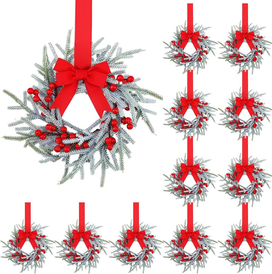 Giegxin 12 Pcs Vintage Small Christmas Wreath for Cabinet Mini Kitchen Wreath with Red Berry Realistic Norfolk Farmhouse Decoration for Xmas Window Indoor Chair Fireplace Porch Candle Decor (No Bows)