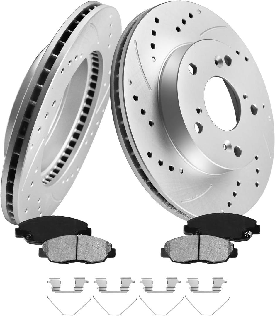 MOTOREVO Front Geomet Coated Brake Kit for Civic [ 2012-2014 ] [ONLY for 261.7mm 10.3in Rotors] [2013-2014 LX 10.3in ONLY, NOT 11.1in] High-Carbon Alloy Drilled & Slotted Vented Discs & Ceramic Pads