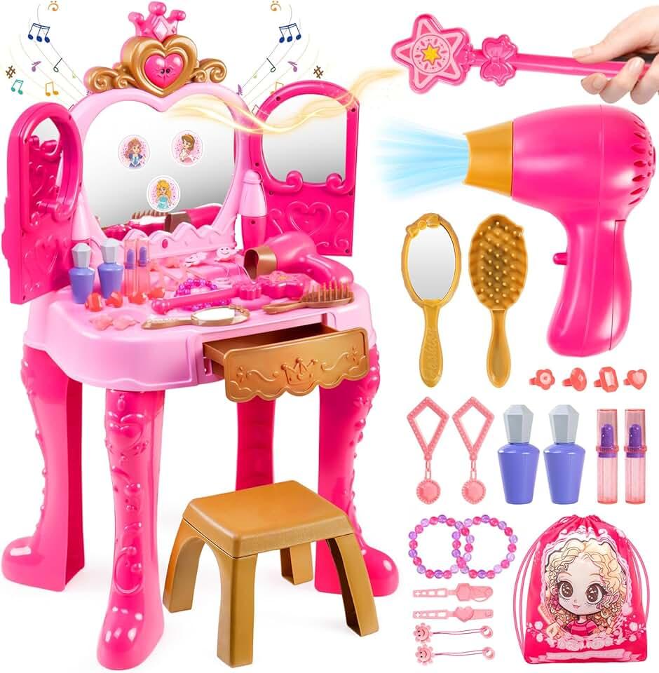 Toddler Girls Vanity Makeup Table with Magic and Lights, Easface Kids Makeup Vanity Table and Stool Set, Toddler Vanity with Hair Dryer, Automatically Mirror, Music for Toddler Girls 3 4 5 6 Years Old