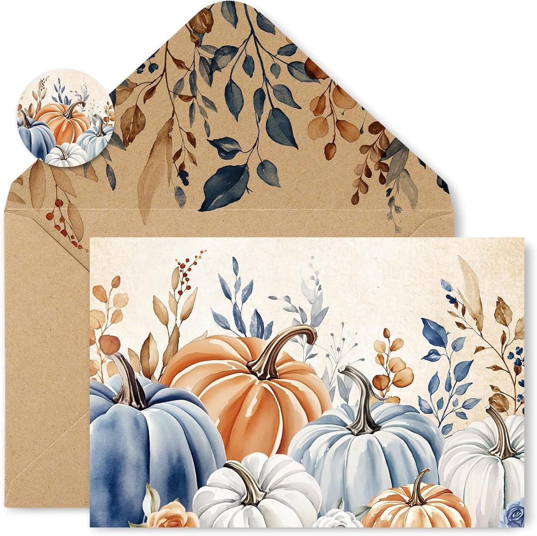 50 Pack Fall Cards Boxed Vintage Pumpkin Leaves Greeting Cards with Envelopes Stickers Glue Stick Autumn Blank Note Card for Thanksgiving Harvest Party Supplies, 4 x 6 Inch