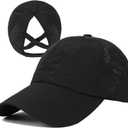 HGGE Womens Criss Cross Ponytail Baseball Cap Adjustable High Messy Bun Ponycap Quick Drying Hat (One Size, Black)