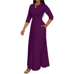 FANDEE Women's Maxi Dress Casual Boho Plain Long Dresses 3/4 Sleeve with Pockets (Large, Purple)
