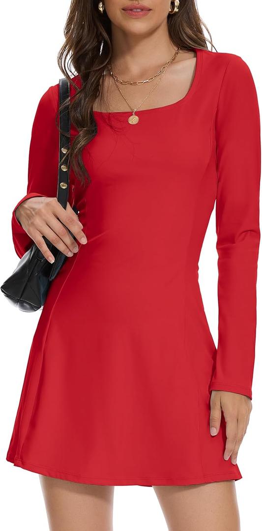 Womens Long Sleeve Square Neck Mini Dress Basic Bodycon Athletic Casual Going Out Club Party Dress with Shorts, Red, Medium 