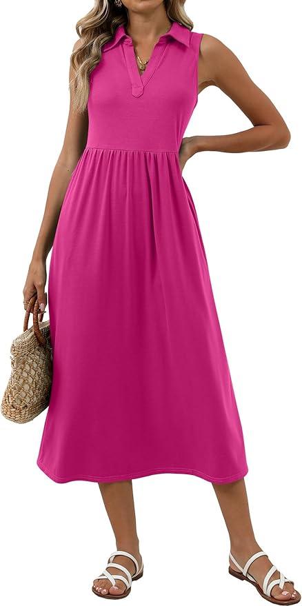 Women's Summer Casual Dresses Maxi Sleeveless Sundress V Neck A-Line Fashion Beach Vacation Long Dress (Medium)