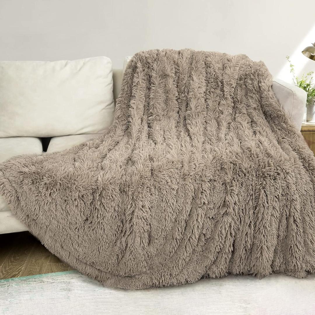 XYYZYZ Super Fluffy Throw Blanket, Faux Fur Fuzzy Blanket for Couch Sofa Bed, 80x90 Inches, Khaki