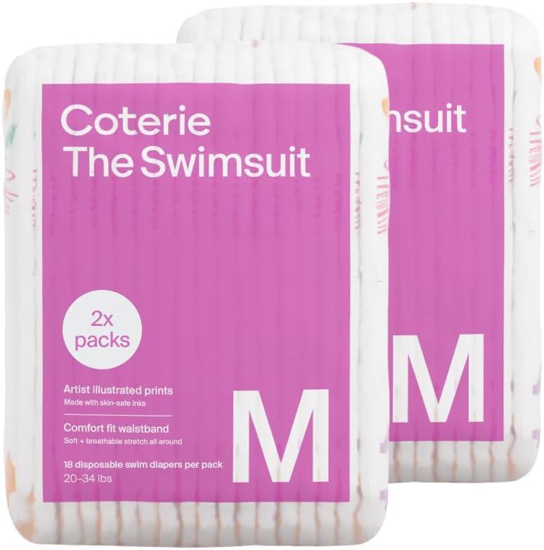 Coterie Baby Swim Diapers, Size Medium (20-34 lbs), 2-Pack (36 Total Diapers) | Disposable Water Diapers for Pool & Beach | Hypoallergenic, No-Swell Design for Sensitive Skin