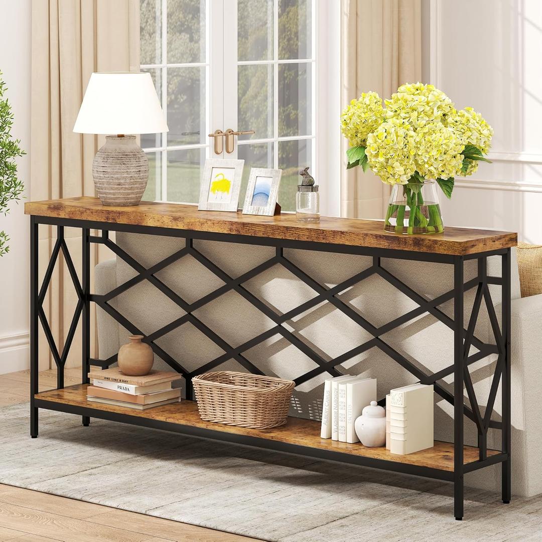karlott 71" Extra Long Entryway Table, Narrow Console Table, Industrial Sofa Behind Couch Table with Open Storage Shelf, Hallway Table for Entryway, Living Room, Foyer, Entrance, Unique Design, Brown