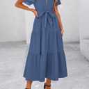 KIRUNDO Summer Button Down Wedding Guest Shirt Dresses for Women Maxi Flutter Short Sleeve Flowy Tiered Beach Sun Dress (S)