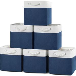 Storage Cubes, Collapsible Storage Bins Organizer for Closet, Fabric Storage Box with Cotton Rope Handles, Decorative Storage Baskets for Shelves, Nursery, Toy, set of 6 - White/Blue