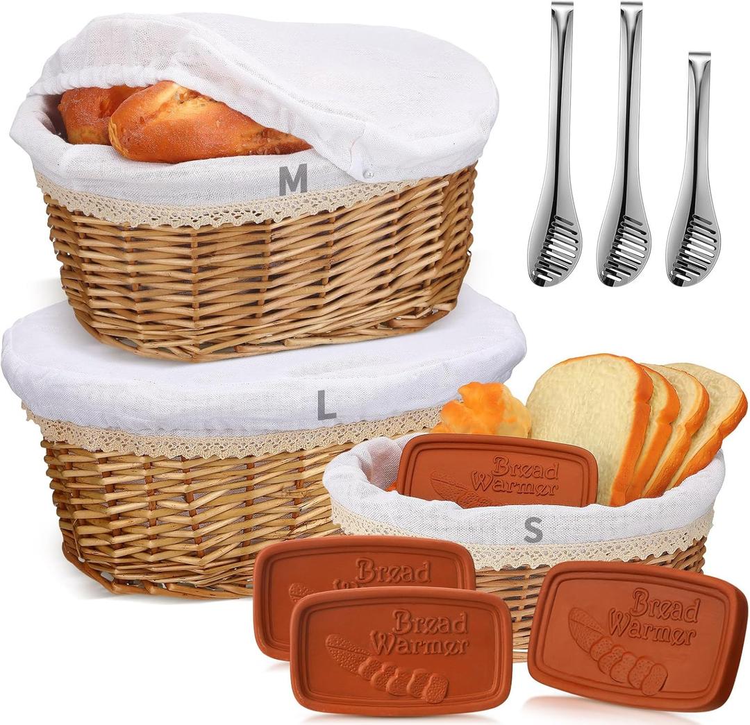 Havawish 3 Pack Wicker Bread Baskets Winter Gifts Handmade Serving Woven Baskets with Warmer Stones Removable Liner Cover Tongs 3 Sizes for Home Kitchen Housewarming Gifts