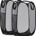 Handy Laundry Collapsible Mesh Pop Up Hamper with Wide Opening and Side Pocket - Breathable, Sturdy, Foldable, and Space-Saving Design for Clothes and Storage (Black | 2-Pack)