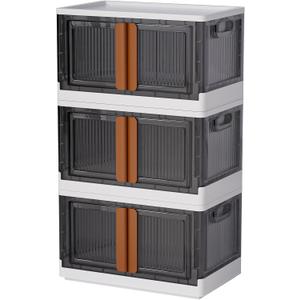 LCG 3-Tier Foldable Plastic Storage Bins with Lids and Doors, 25 Gallon (8.4 Gal x 3pack), Stackable Organizer Drawer (Medium)