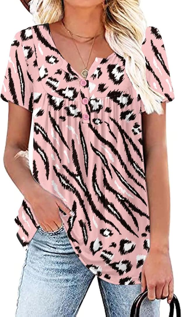 WRRH Women's Summer Short Sleeve Tunic Plus size ladies shirts Floral Blouse Loose Flowy Tops for Leggings M-4XL (Black, M)