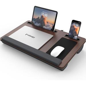 Potuopy Lap Desk - Up to 17 Laptop Tray with Wrist Rest, Portable Handle, Fixed Mouse Pad, Tablet & Phone Slots, Laptop Lap Desk with Cushion (Dark Brown)
