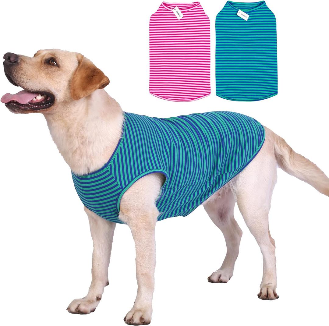 Dog Shirts Cotton Striped T-Shirts, Breathable Basic Vest for Puppy and Cat, Super Soft Stretchable Doggy Tee Tank Top Sleeveless, Fashion & Cute Color for Boys and Girls (L, Pink+Green)