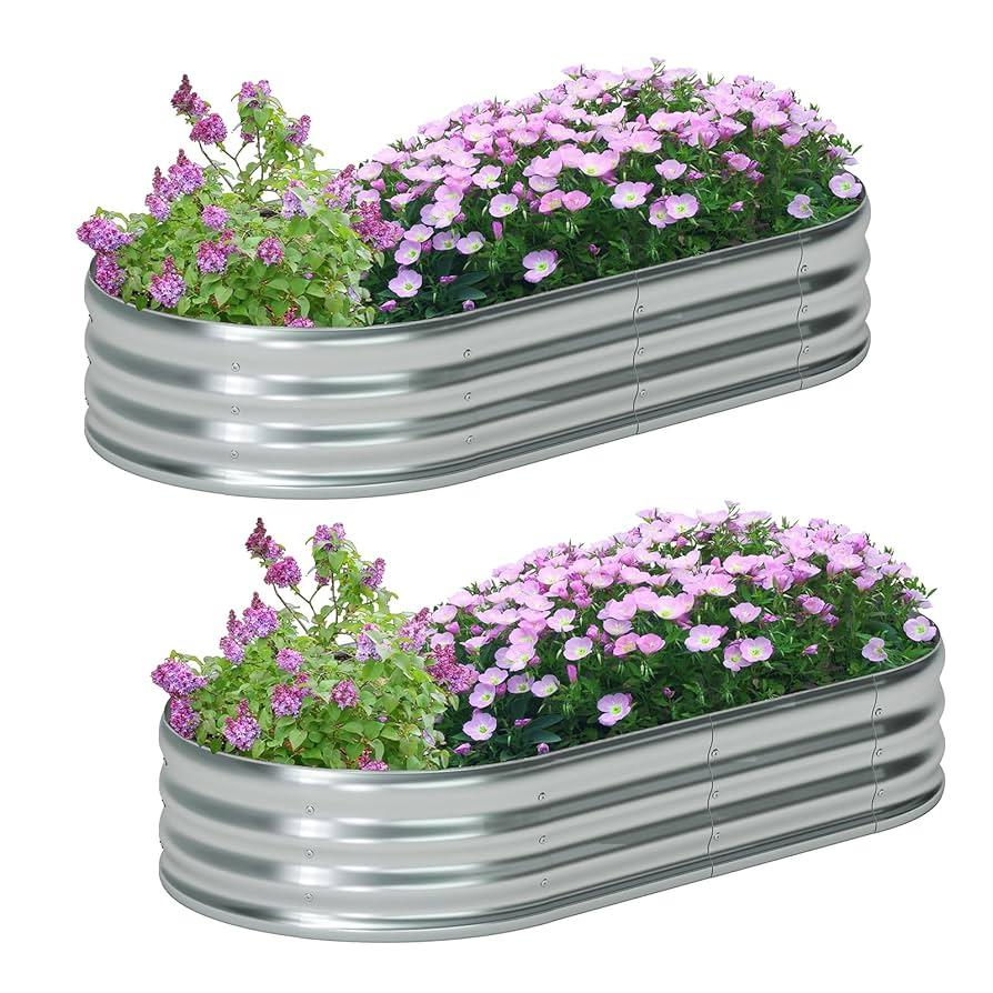 zizin 2 Pack Galvanized Raised Garden Bed Metal Oval Raised Garden Beds Outdoor Planter Box for Vegetables (6x3x1FT, Silver)