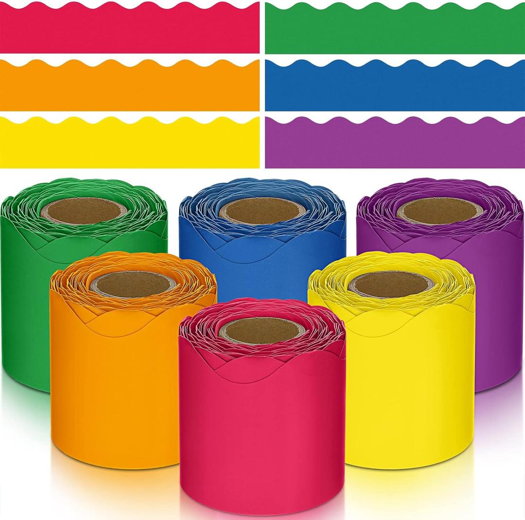 TaoBary 6 Rolls 196.8 ft Colorful Classroom Bulletin Board Borders Scalloped Trim Summer Bulletin Board Decorations for School Whiteboard Cork Poster Chalkboard Wall(Rainbow Color,196.8 ft)