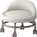 Yellow Low Rolling Stool with Wheel and Back - Footstool, Short Rolling Foot Stool on Wheels with Universal Swivel Caster, PU Leather - Perfect for Versatile Use and Mobility (White)