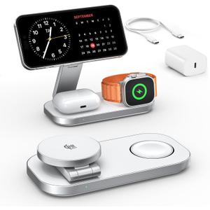 3-in-1 Charging Station for Apple Device, Qi2 25W Certified Magnetic Wireless Foldable Fast Charger Stand Compatible with MagSafe for iPhone 17e/17/16/15/14/13/12/Air Series, Apple Watch & AirPods (White+Silver)