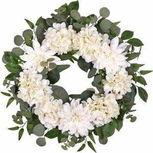 24" Spring Summer Front Door Wreath, Life-Like Artificial White Dahlia Hydrangea Wreath for Wedding Valentine's Day Mother's Day Memorial Day