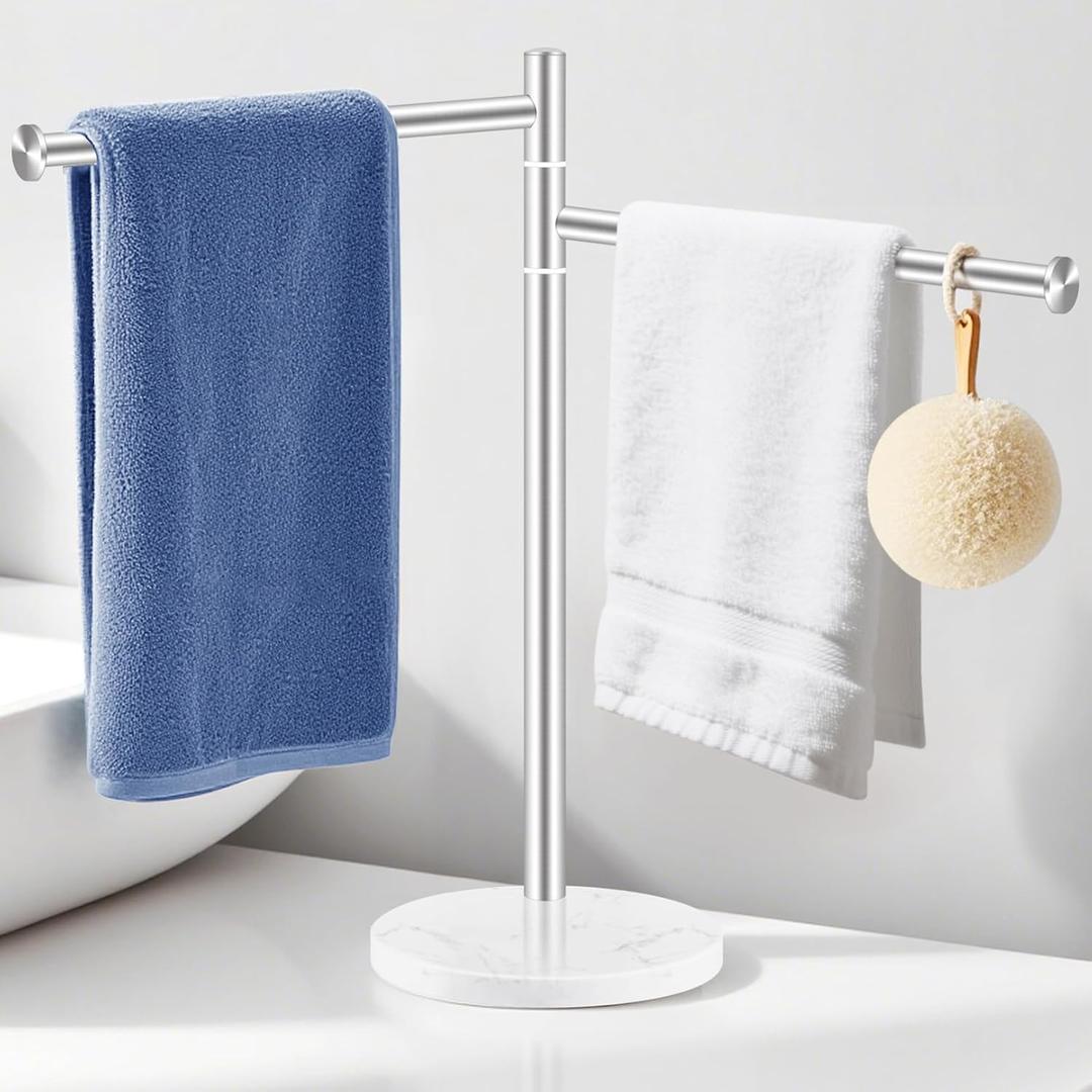 Hand Towel Holder for Bathroom, Stainless Steel Double Hand Towel Holder Stand with Marble Base for Kitchen Countertop, Freestanding Brushed Nickel 360 Swivel 2 Arms Towel Bar Drying Rack, YOFOVI
