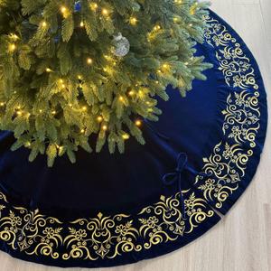 72-Inch Victorian Velvet Christmas Tree Skirt with Gold Damask Embroidery and Plush Lace Ties, Royal Blue