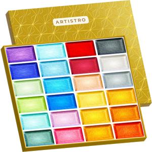 ARTISTRO Professional Metallic Watercolor Paint Set for Adults - 24 Pigment-Rich Colors, XL Pans, ASTM-I Lightfastness, High Tinting Strength Watercolor Set for Professionals made by professionals
