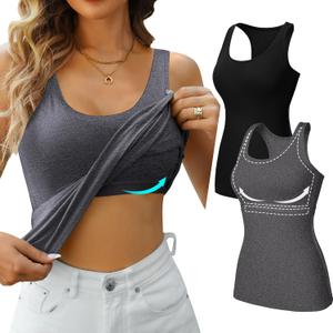 V FOR CITY Womens Shelf Bra Tank Tops Racerback Workout Camis Yoga Shirt Cotton Undershirt 2 Pack (X-Large, Black/Gray)