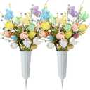 Thiccywoov 2 Set Easter Cemetery Flowers for Grave with Vase Artificial Bunnies Eggs Berries Tulips Bouquet Graveyard Memorial Flowers for Easter Cemetery Headstones Decoration (Multi Color)