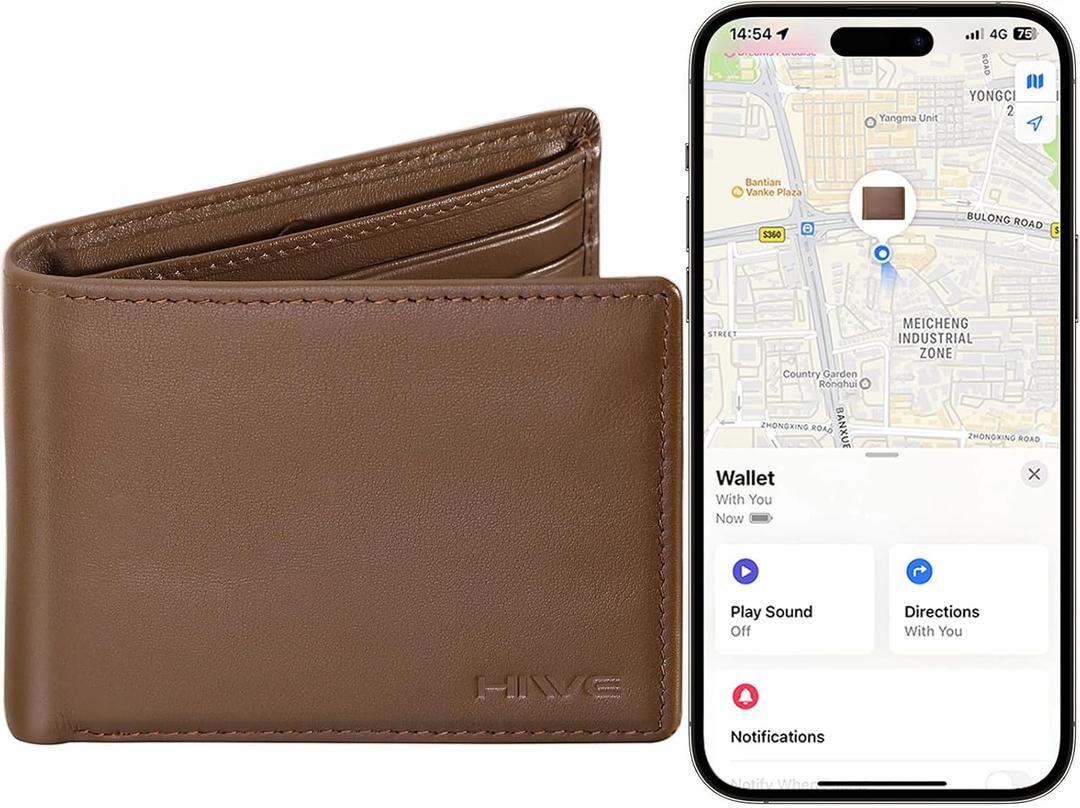 HiWe Anti-Lost Bifold Men Wallet with Find My, Genuine Leather, RFID, Original Design, Brown