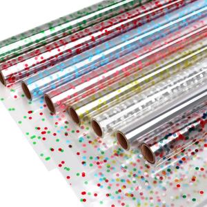 CMFYHM 8 Rolls clear Cellophane Wrap Roll (34 in x 16.4 ft x 8 Colors) Extra Wide Transparent Polka Dots Cellophane Wrapping for Gift Baskets,Flowers, DIY Craft,Baby Shower, Easter,Christmas