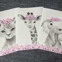 Safari Animals Baby Girls Nursery Set of 3 Unframed Wall Art Prints, Gray Baby Animals with Pink Flowers, Child Bedroom Nursery Decor Posters, Giraffe Elephant Lion (8x10)