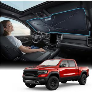 [2026 Upgraded] Nmoiss Windshield Sun Shade Umbrella for Ram - [Vinyl Coating Heat Shield] Protect Car from Sun Rays & Heat Damage Keep Cool and Protect Interior, Spring Structure Edge