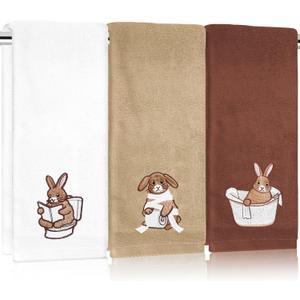 FYSUIMU 3 Pcs Easter Bath Towels Embroidered Brown Bunny Rabbit Absorbent Hand Towels for Bathroom Kitchen Spring Hand Drying Baking Cooking Home Decor, 29.5 x13.7 Inch