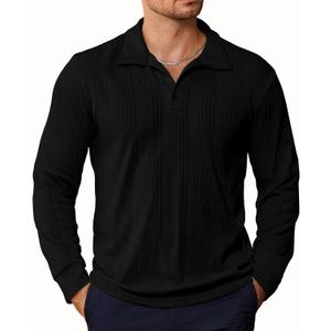 PRIVIMIX Mens Knit Polo Shirts Long Sleeve Fashion Textured Polo Sweater Stretchy Pullover Sweaters for Men Casual Golf Shirt (Black, L)