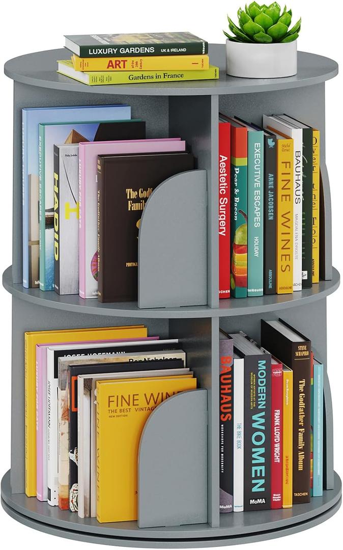 SpaceAid 2 Tier Rotating Bookshelf Tower, Spinning Bookcase Lazy Susan, Revolving 360 Book Shelf Storage Round Carousel, Vertical Rotate Turning Spiral Corner Organizer, Gray, 2 Tier, 25.6" H