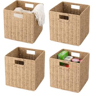 13" x 13" x 13" Wicker Storage Basket,Woven Paper Rope Wicker Baskets,Set of 4 Collapsible Square Organizers,Foldable Cube Storage Bins