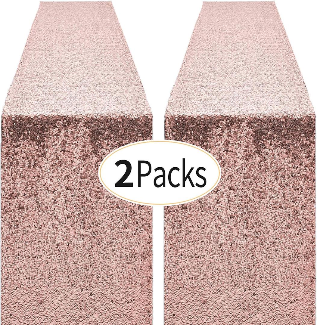 2 Packs 12 x 72 inches Rose Gold Sequin Table Runner, Glitter Runner for Birthday Party Supplies Decorations Wedding Bachelorette Holiday Celebration Bridal Shower Baby Shower