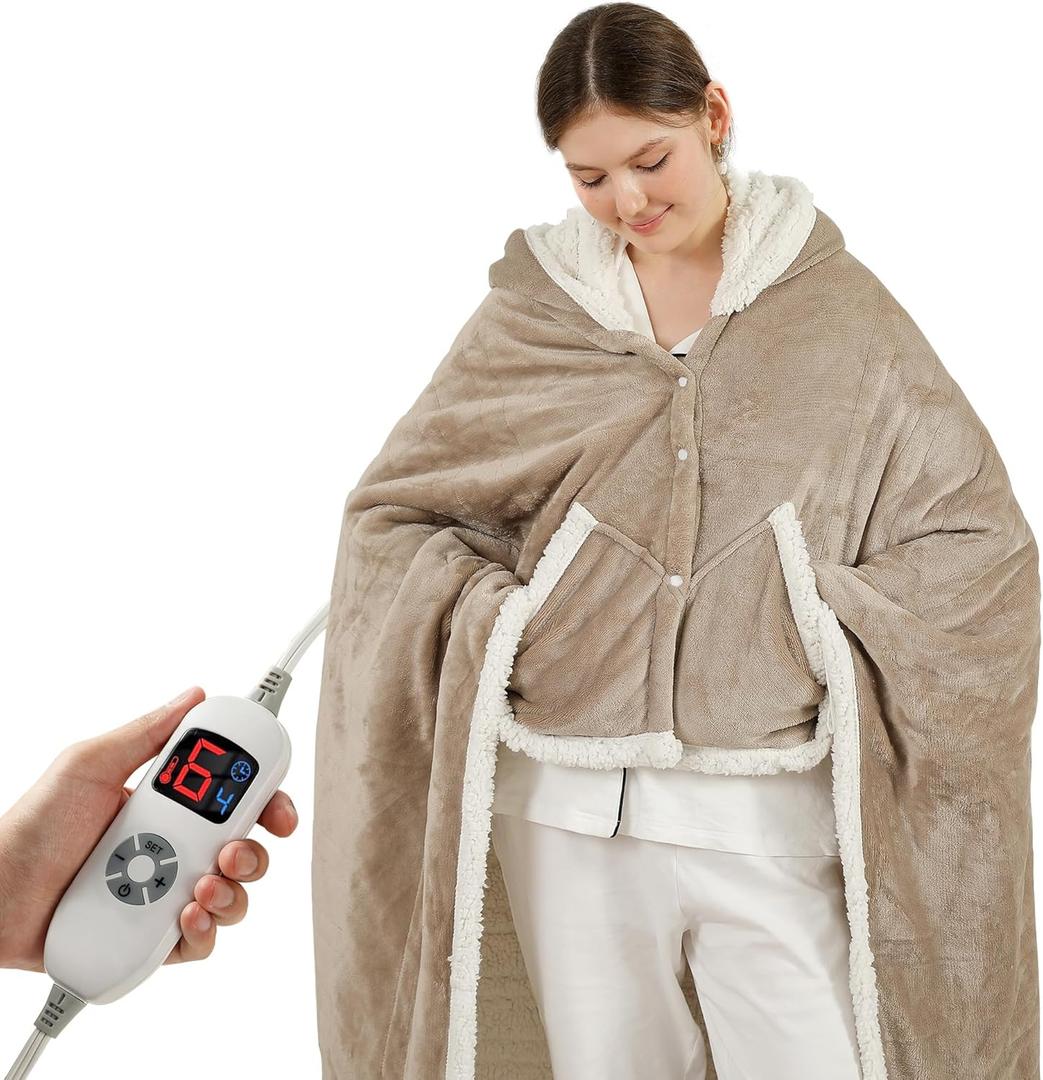 Wearable Heated Blanket Electric Throw, Heated Shawl with 6 Heating Levels and 1-4 Hours Auto Off, Heated Hoodie Women Christmas Gift for Mom Women Seniors Grandma 50"×64" Light Beige