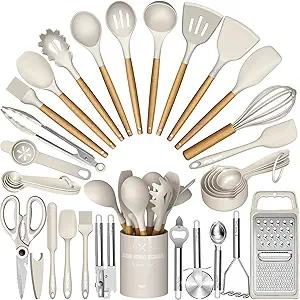 Umite Chef Silicone Kitchen Utensil Set, 34PCS Heat Resistant Kitchen Gadgets and Tools With Grater, Cream White Wood Handles for Nonstick Cookware