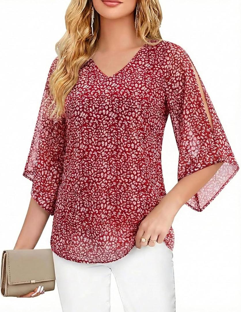 Uhiger 3/4 Length Sleeve Womens Tops V Neck Chiffon Blouse Dressy Casual Double Layered for Weekend Outings and Everyday Wear (Red, L)