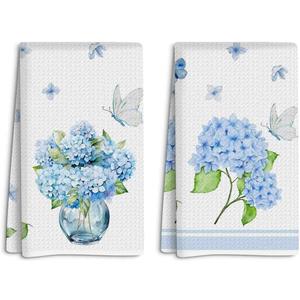 2 Pcs Blue Floral Butterfly Print Dish Towel Set, Absorbent Decorative Waffle Weave Bath Towel Kitchen Dish Guest Towels, Gift for Women Friend Coworker Sister Christmas Birthday Housewarming