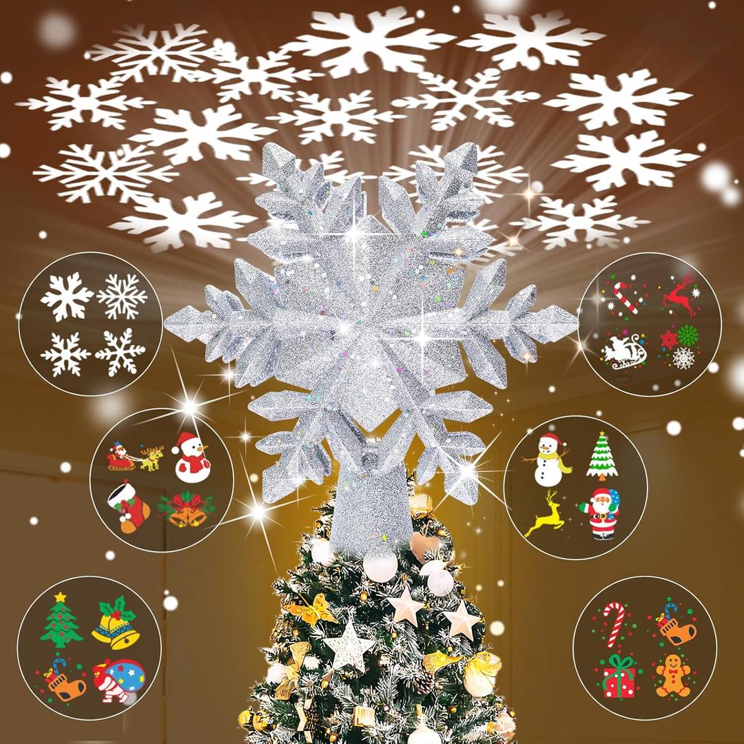 Christmas Tree Toppers Lighted with 6 Projection Modes, Christmas Snowflake Tree Topper with Built-in LED Rotating Lights, Silver 3D Glitter Projection for Xmas Party Holiday Decorations Christmas Tree Toppers Lighted with 6 Projection Modes, Christmas Snowflake Tree Topper with Built-in LED Rotating Lights, Silver 3D Glitter Projection for Xmas Party Holiday Decorations