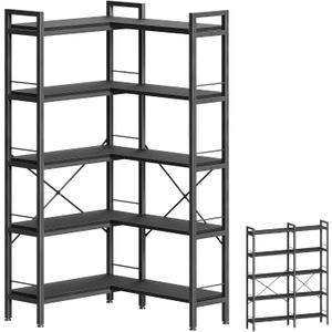 Huuger 5 Tier Bookshelf, L Shaped Corner Bookshelf with 10 Open Shelves, 49.4 Inch Straight Wide Bookcase with Metal Frame and Wooden Board, Adjustable Feet, Black